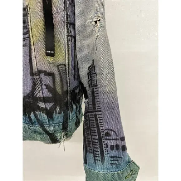 NEW Sz M Medium Mens Amiri Los Angeles Indigo Denim Airbrush "Hollywood" Jacket - Picture 7 of 11